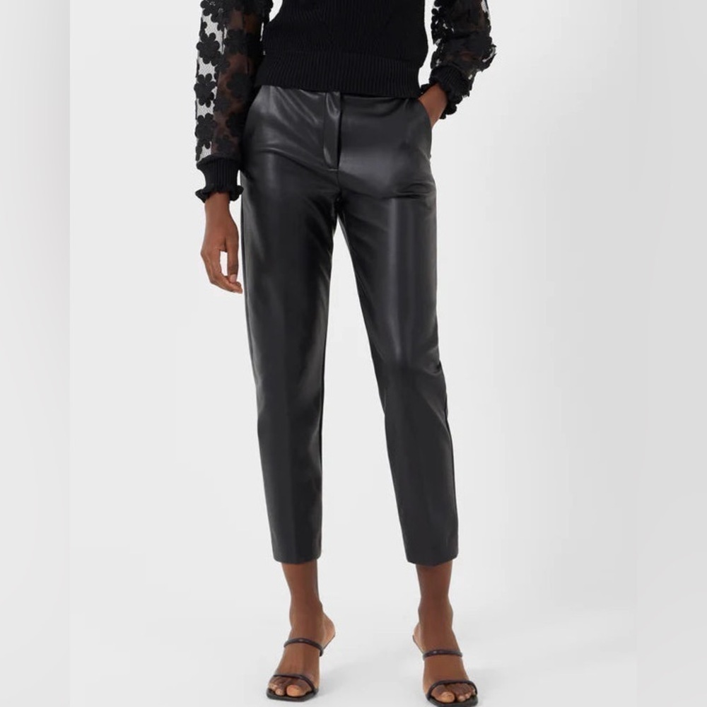 New French Connection Crolenda Vegan Leather Tapered Trousers Pants Black Sz 10